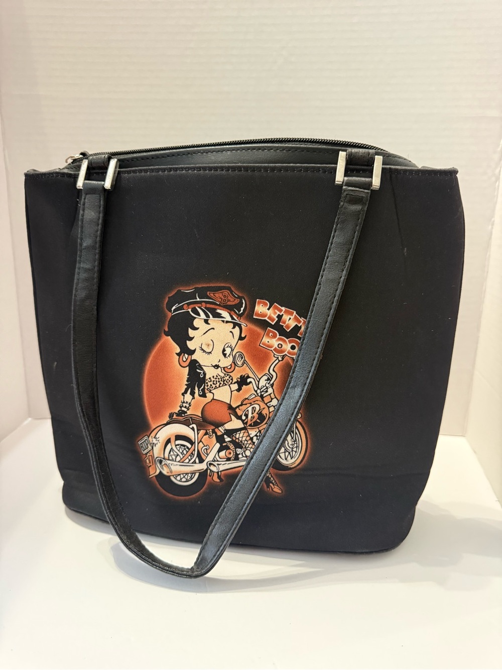 Betty Boop Black Shoulder Tote with Motorcycle Graphic